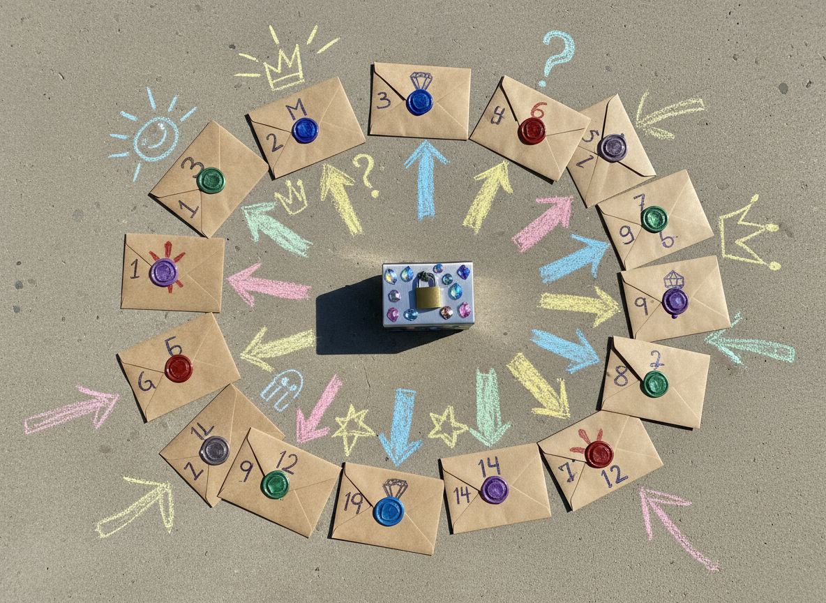An overhead photographic view of a series of clue envelopes arranged in a playful path across a smooth concrete patio. Each kraft-paper envelope is sealed with a bright wax stamp shaped like a gem and hand-lettered numbers, leading toward a small, locked metal box decorated with gem stickers. Colorful chalk arrows and simple doodles create a winding treasure trail around the envelopes. The scene is lit by clear, mid-afternoon sunlight, producing crisp shadows and vibrant colors. The composition uses a bird’s eye view to emphasize the progression of clues, with sharp focus across the entire frame. The mood is energetic and fun, evoking the excitement of following a treasure hunt at an outdoor party, without any human figures visible.