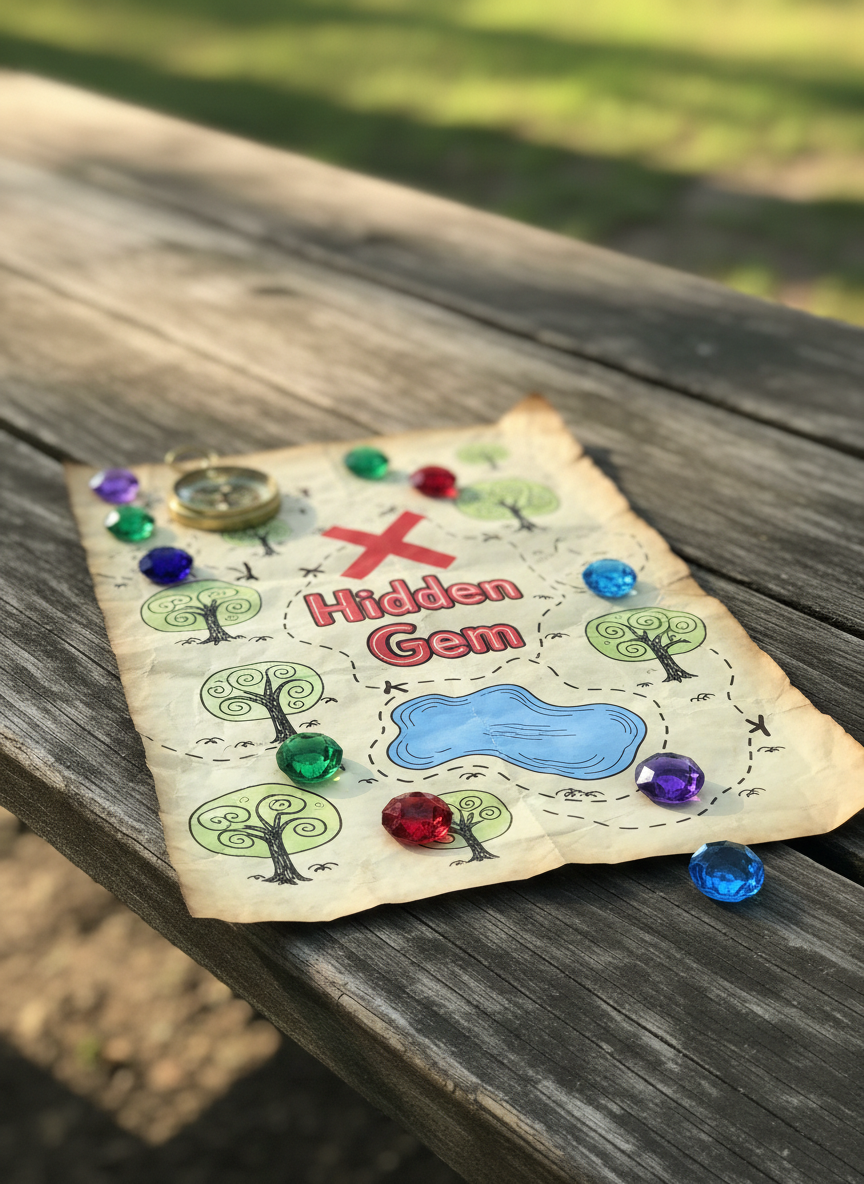 A close-up of an illustrated-style treasure map printed on slightly crumpled parchment paper, spread across a rustic picnic table in a Lexington, SC park. The map shows stylized trees, winding paths, a small lake silhouette, and a bold red X labeled “Hidden Gem.” Colorful plastic gemstones and a small brass compass lie scattered on top. Soft, bright afternoon daylight filters through unseen trees, creating dappled light patterns on the wood grain. Photographic realism with shallow depth of field emphasizes the map’s hand-drawn details while the background fades into a soft bokeh of green and brown tones. The atmosphere feels curious, adventurous, and family-friendly, with a playful, storybook charm.