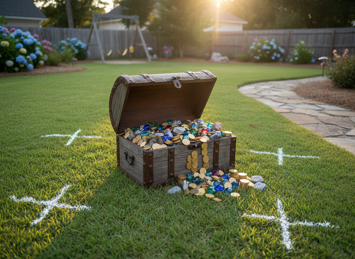 A weathered wooden treasure chest overflowing with colorful glass gems, polished stones, and shiny brass coins, resting in the center of a lush suburban backyard lawn in Lexington, SC. Playful chalk arrows and hand-drawn X marks decorate the grass and a nearby flagstone path. Late afternoon golden sunlight bathes the scene, casting soft, warm shadows and creating sparkles on the faceted gems. Photographic realism from a slightly elevated, eye-level angle, with the chest in crisp focus and the surrounding yard gently blurred. The mood is playful and inviting, suggesting an all-ages outdoor treasure hunt party without showing any people, perfect as a hero image for a fun event page.