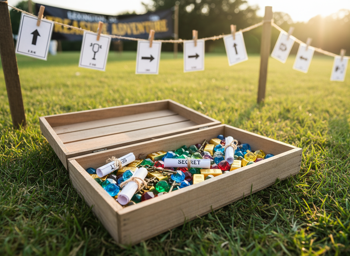 A brightly colored assortment of small treasure hunt prizes arranged neatly inside an open, shallow wooden crate on a grassy field. The crate contains sparkling acrylic gemstones, tiny faux gold bars, rolled “secret” scrolls tied with twine, and playful key-shaped trinkets. In the blurred background, laminated clue cards are clipped to string between two stakes, suggesting an organized outdoor event space in Lexington, SC. Warm, slightly angled late-afternoon sunlight enhances the shine of the gems and metallic objects, casting gentle, elongated shadows. Photographic realism with a medium close-up, using the rule of thirds to keep the crate off-center and create a sense of anticipation. The atmosphere is cheerful, playful, and welcoming for all ages.